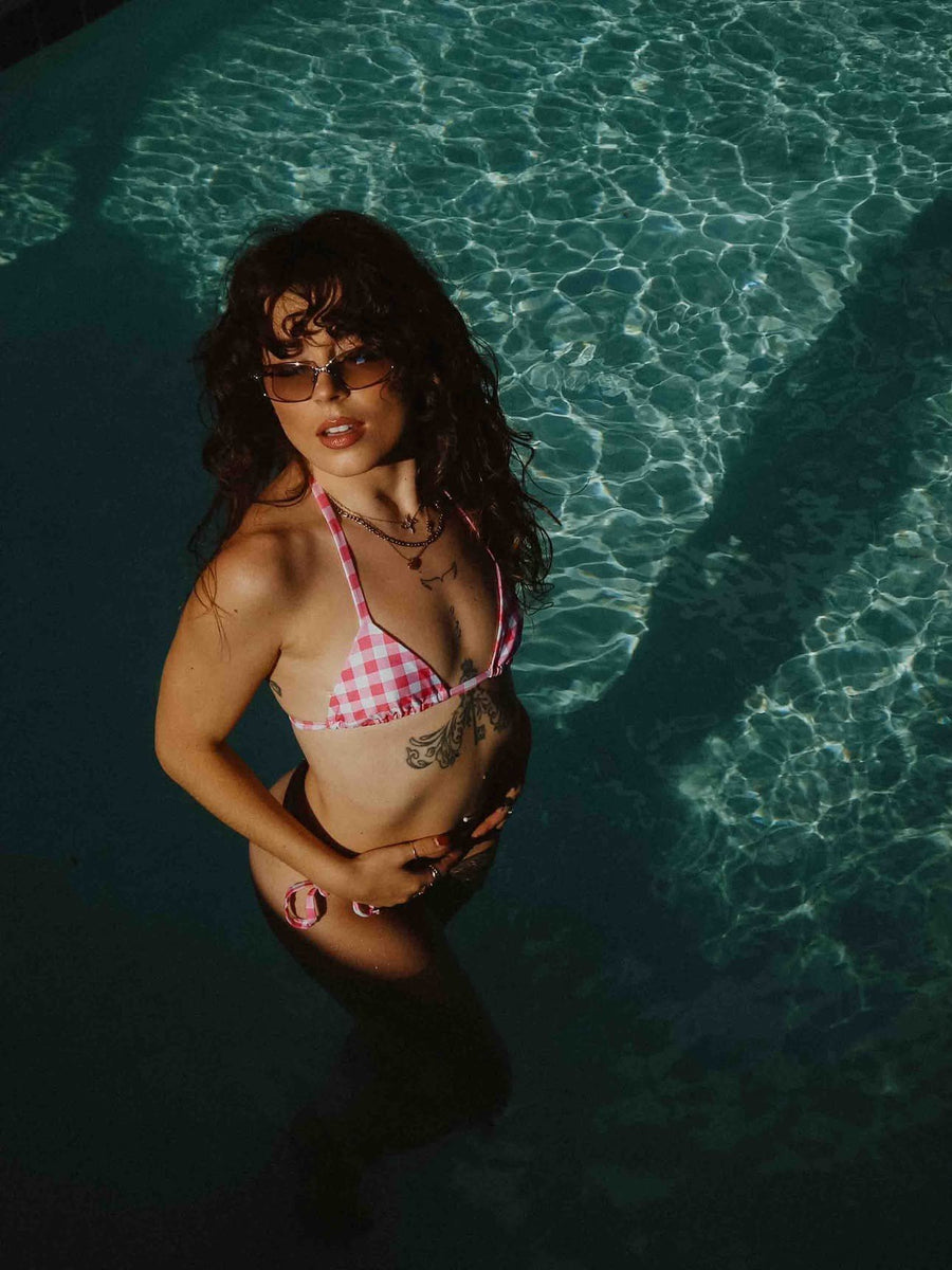 Customer photo: Hot Girl Picnic pink gingham bikini set worn at the pool, front view